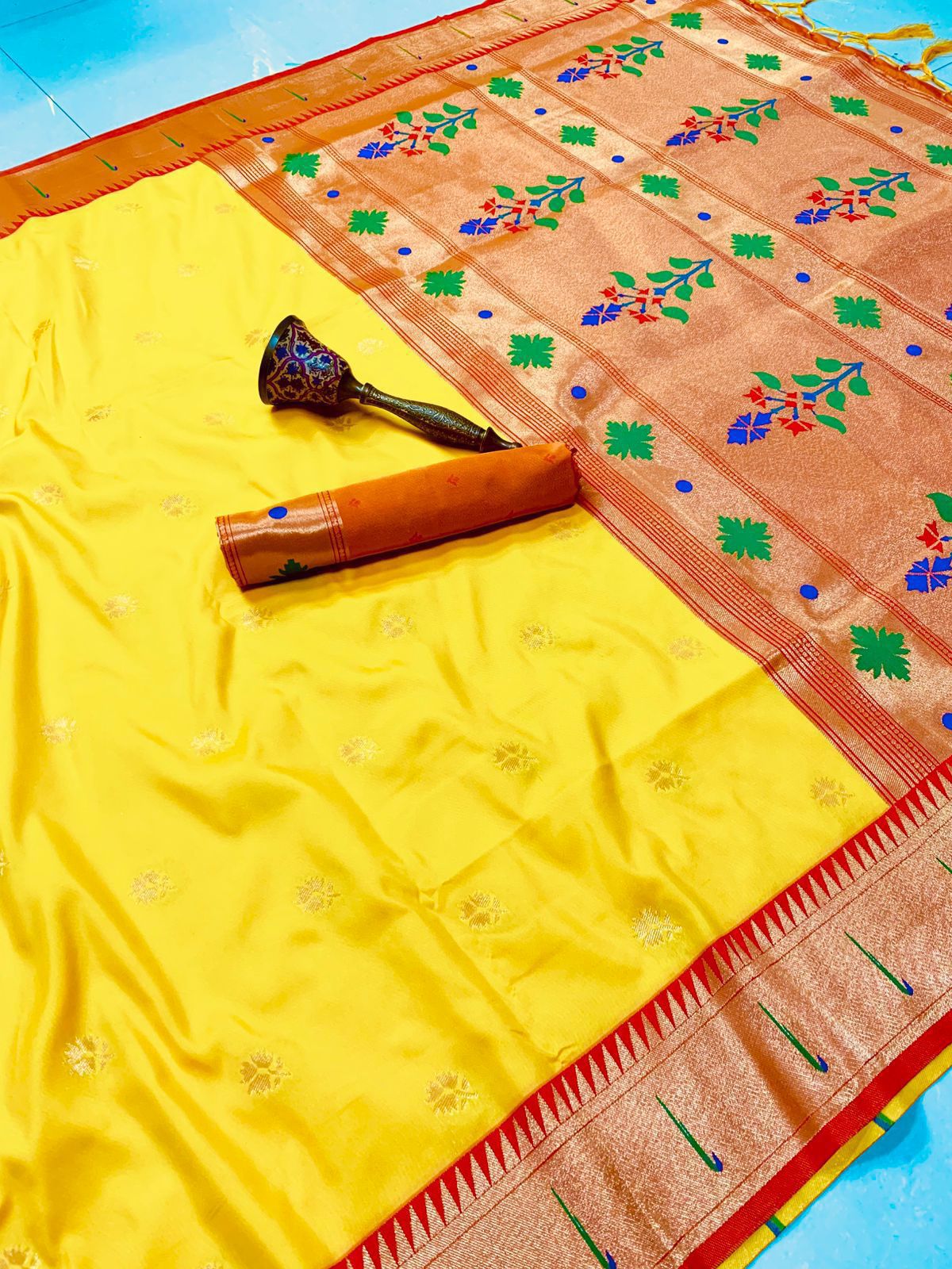 Banaras Silk Saree with Paithani Border in Yellow and Red colour