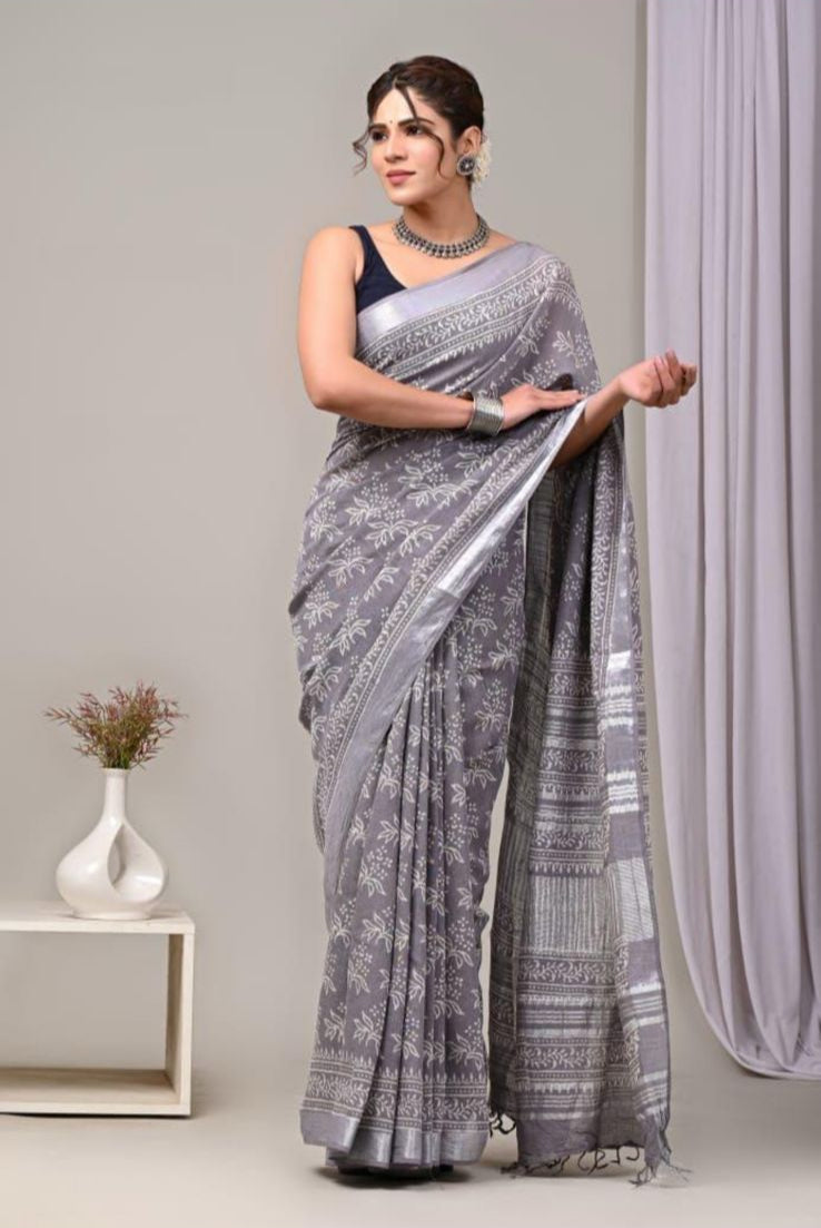 Cotton Linen Saree – Grey and white