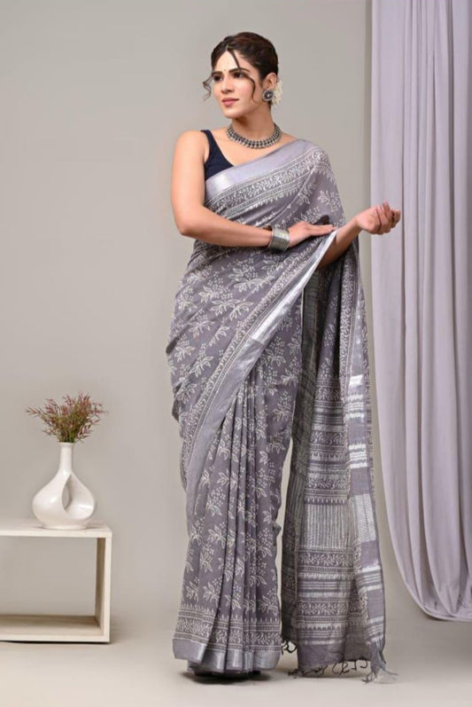 Cotton Linen Saree – Grey and white