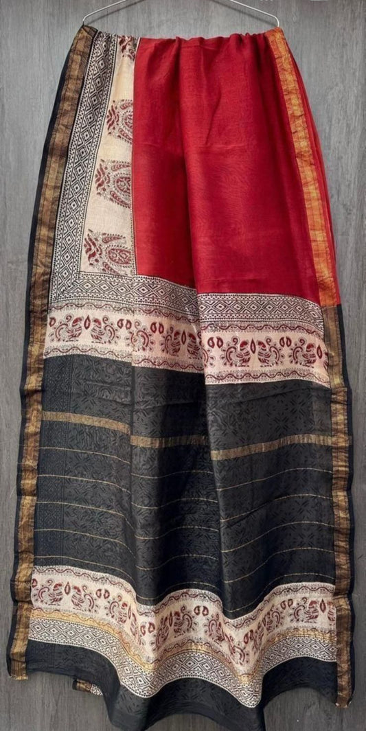 Maheshwari Silk Saree - Red and black prints