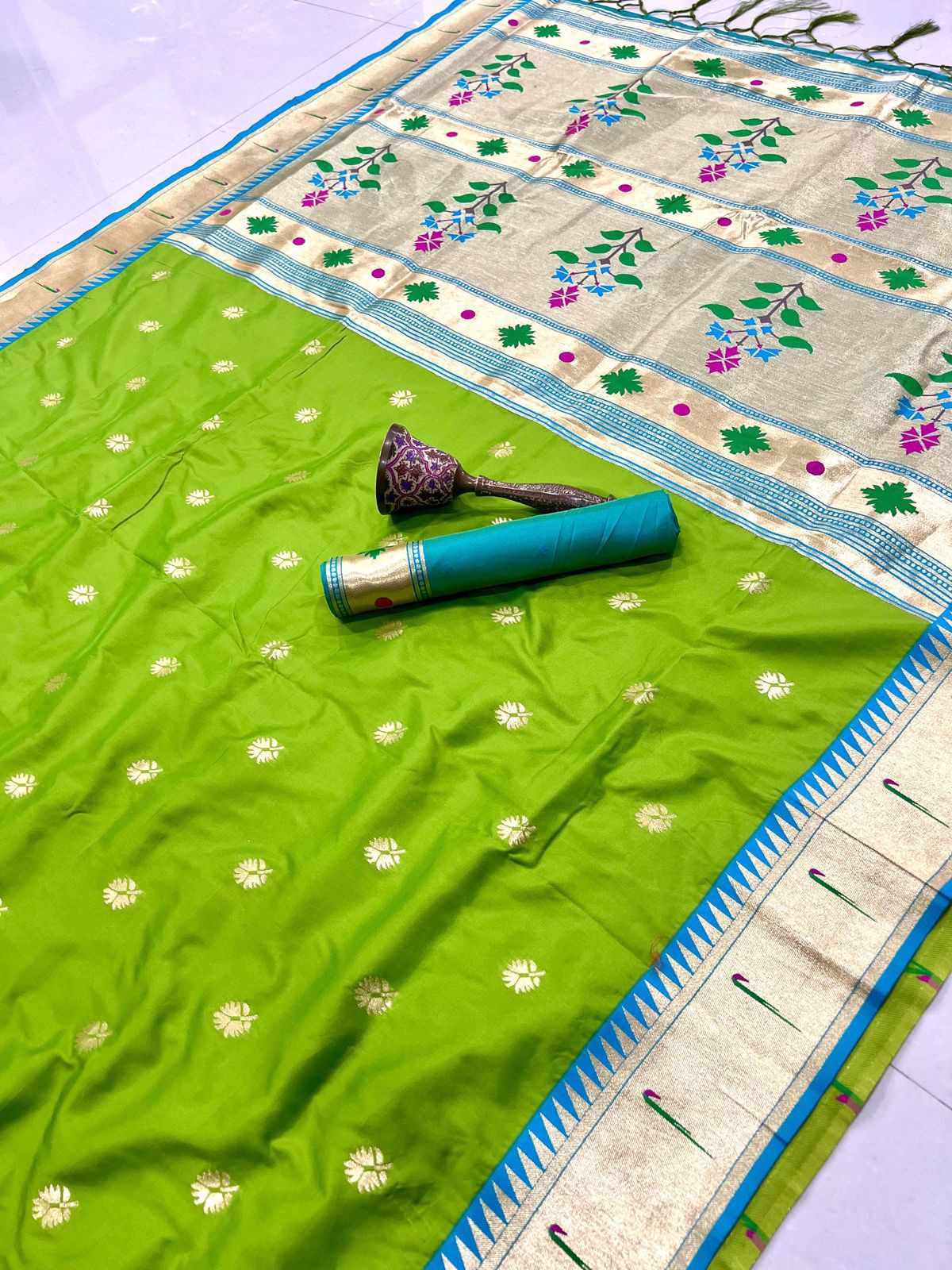 Banaras Silk Saree with Paithani Border in Green and Blue colour