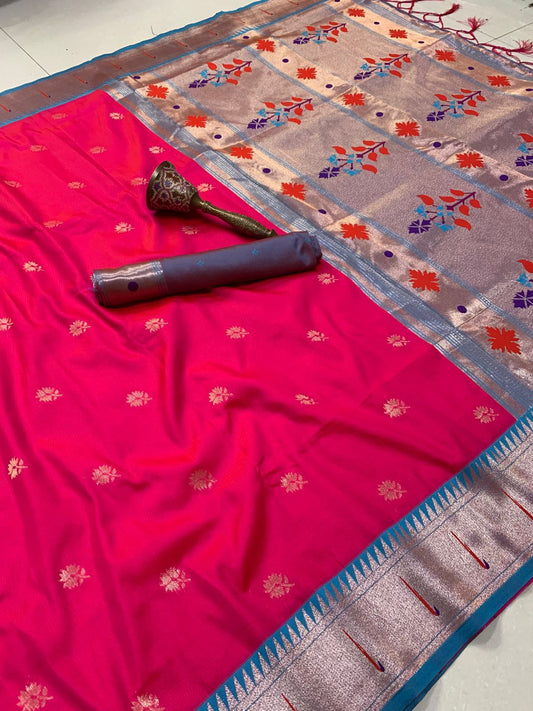 Banaras Silk Saree with Paithani Border in Pink and Blue colour