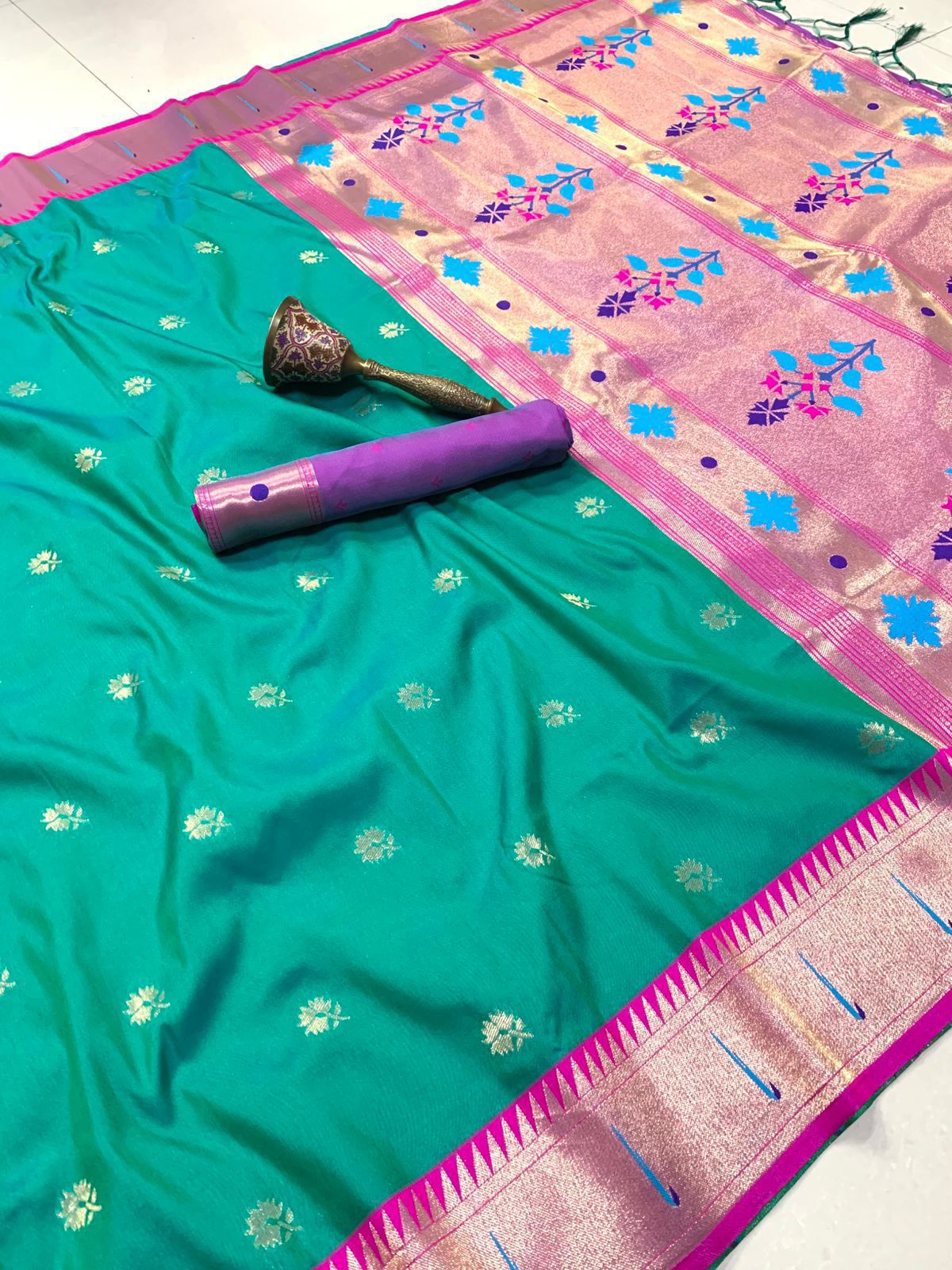 Banaras Silk Saree with Paithani Border in Green and Pink  colour