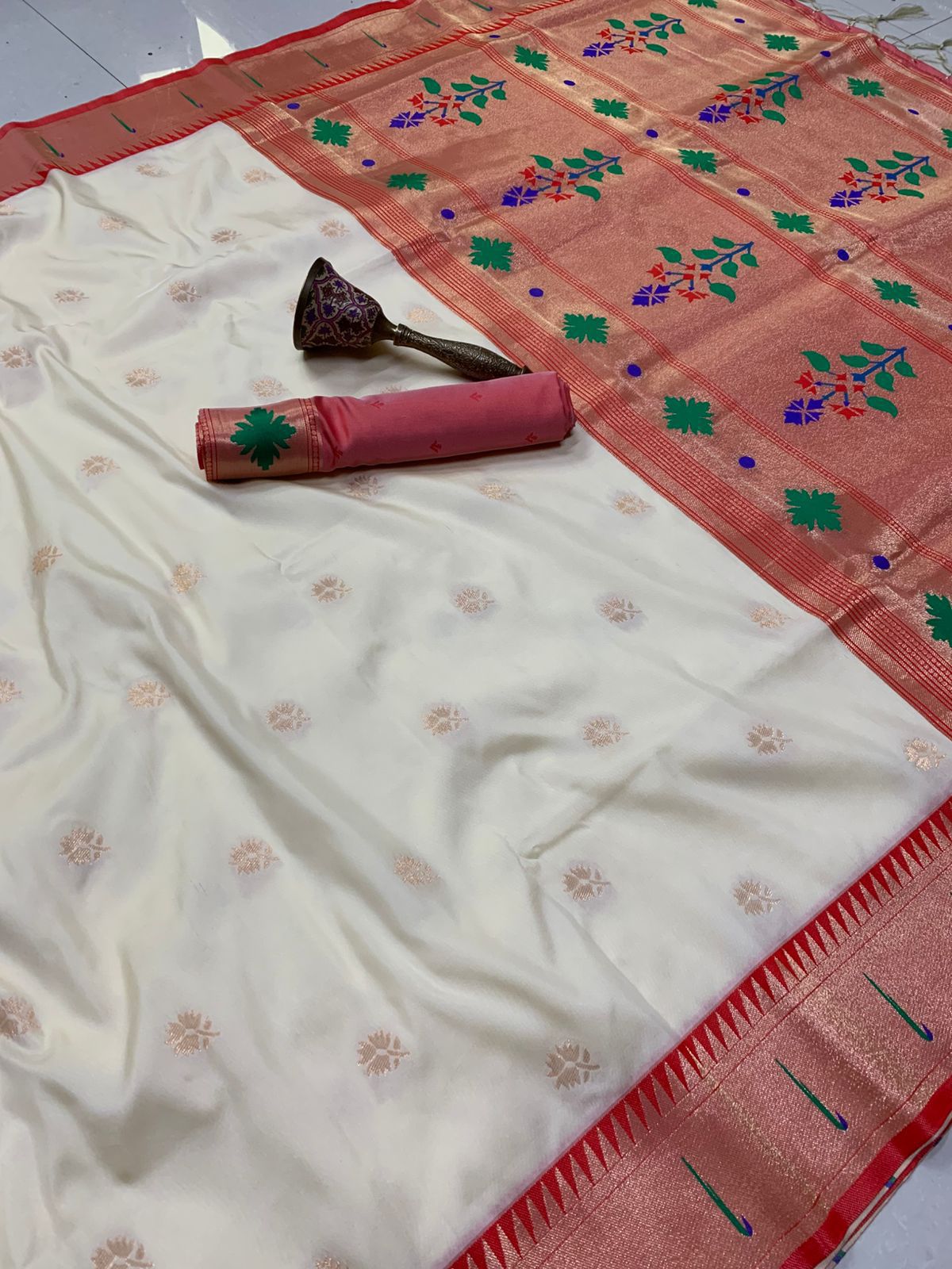 Banaras Silk Saree with Paithani Border in White and Red colour