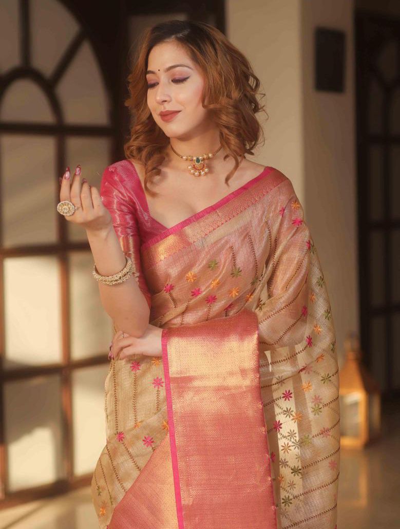 Tissue Silk Saree in Gold and pink colour