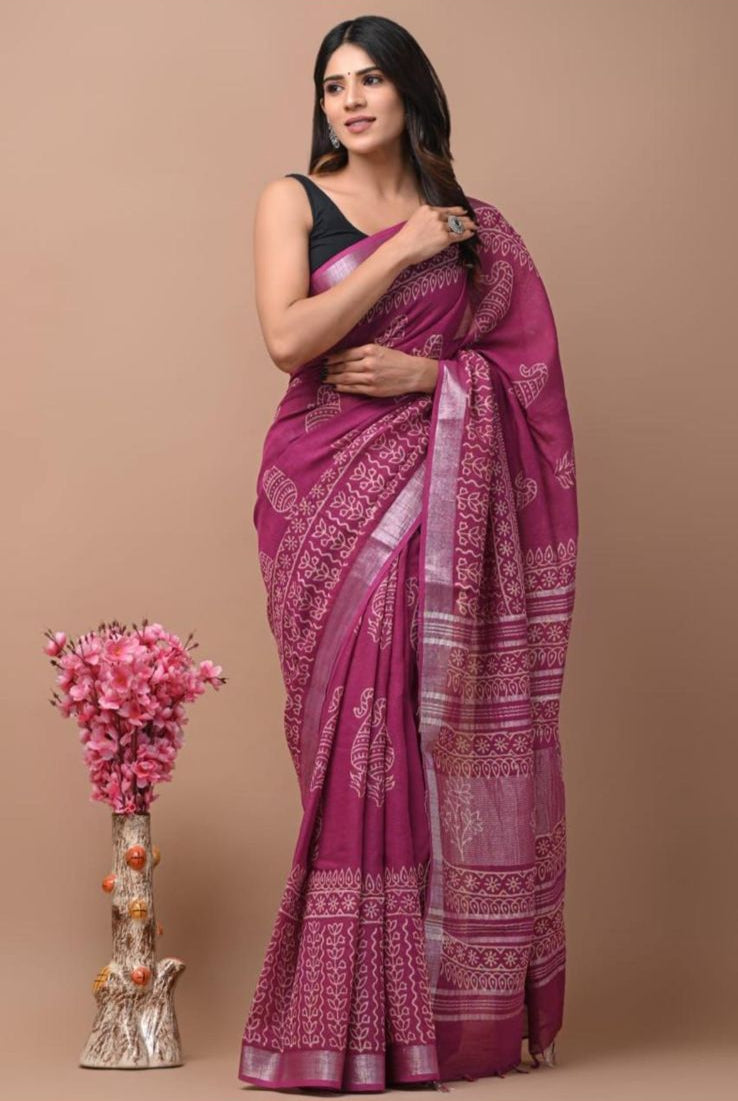 Cotton Linen Saree – Pink