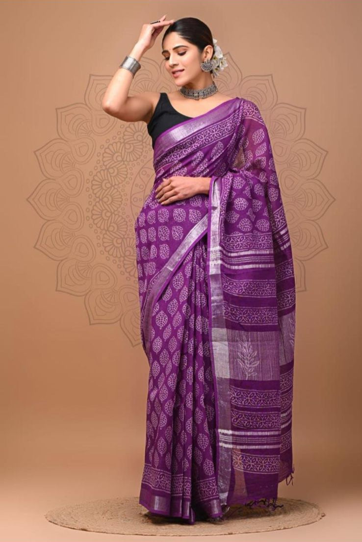 Cotton Linen Saree – Purple