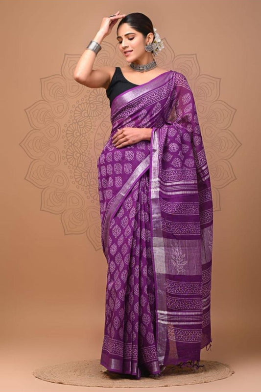 Cotton Linen Saree – Purple