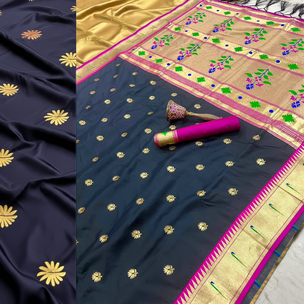 Banaras Silk Saree with Paithani Border in Black and Pink colour