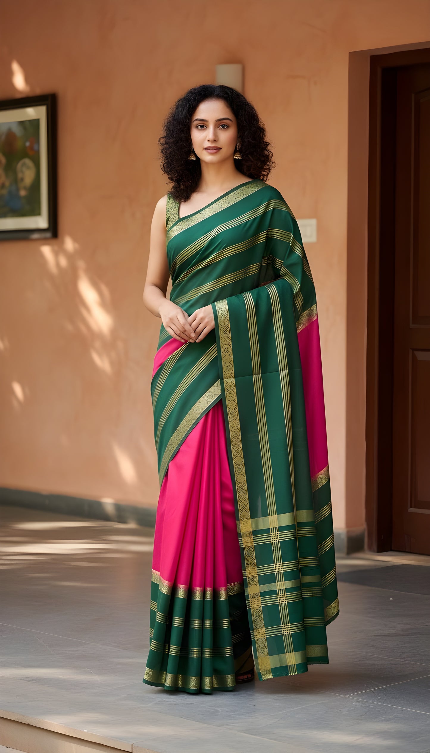 2D SEMI CREPE SAREES IN GREEN AND PINK COLOUR