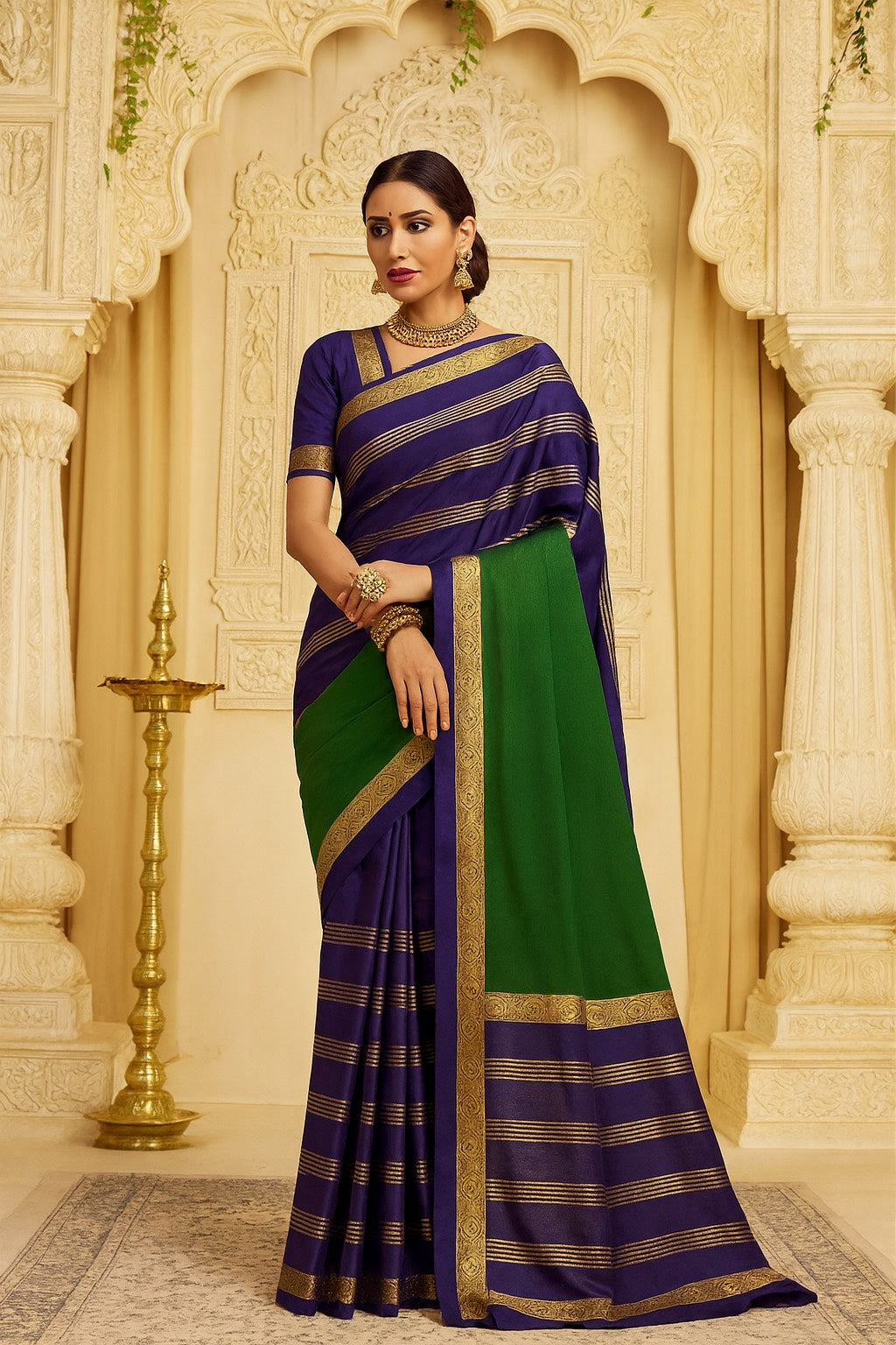 2D SEMI CREPE SAREES IN GREEN AND PURPLE COMBINATION