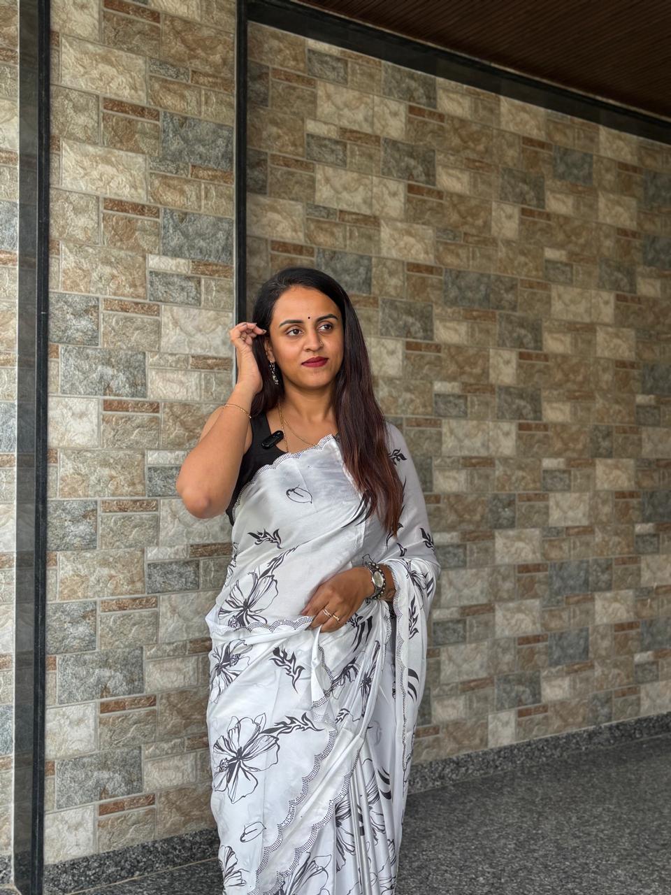 White Satin Saree