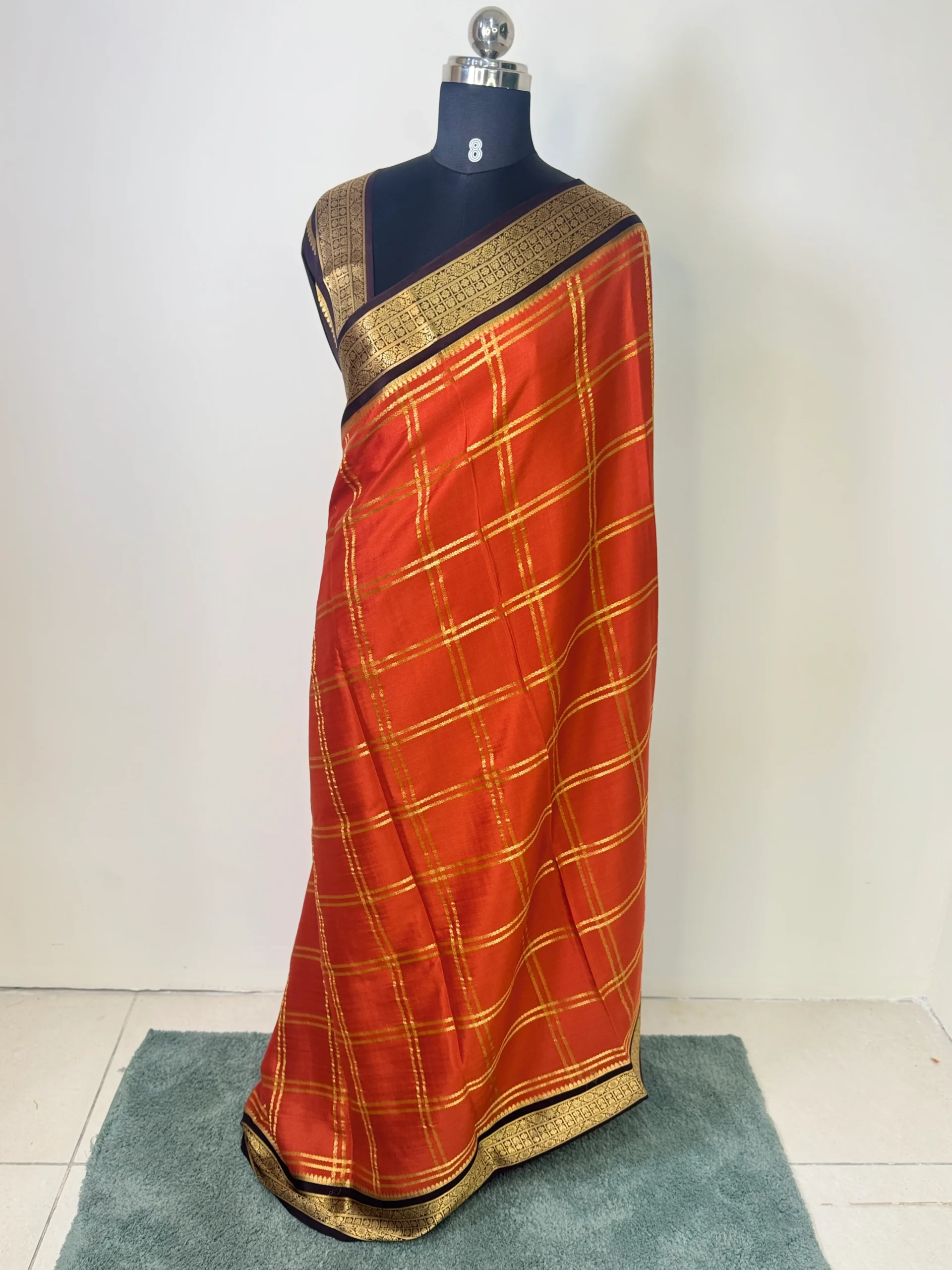 pure mysore silk with checks pattern green & pink pure mysore silk with checks pattern green & pink