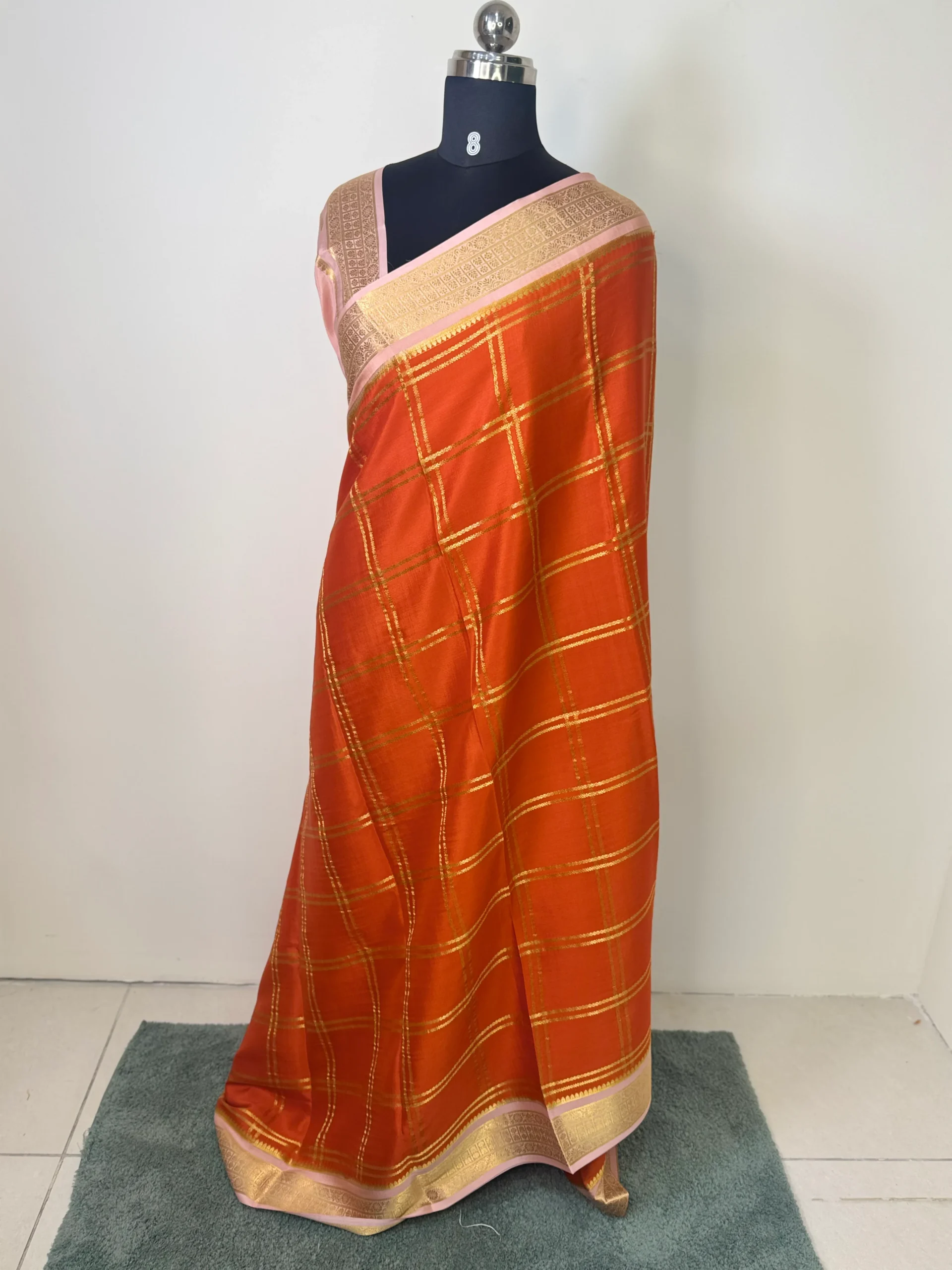pure mysore silk in checks pattern orange&pink pure mysore silk in checks pattern orange&pink