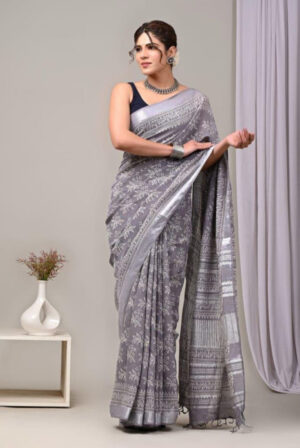 cotton linen saree – grey and white