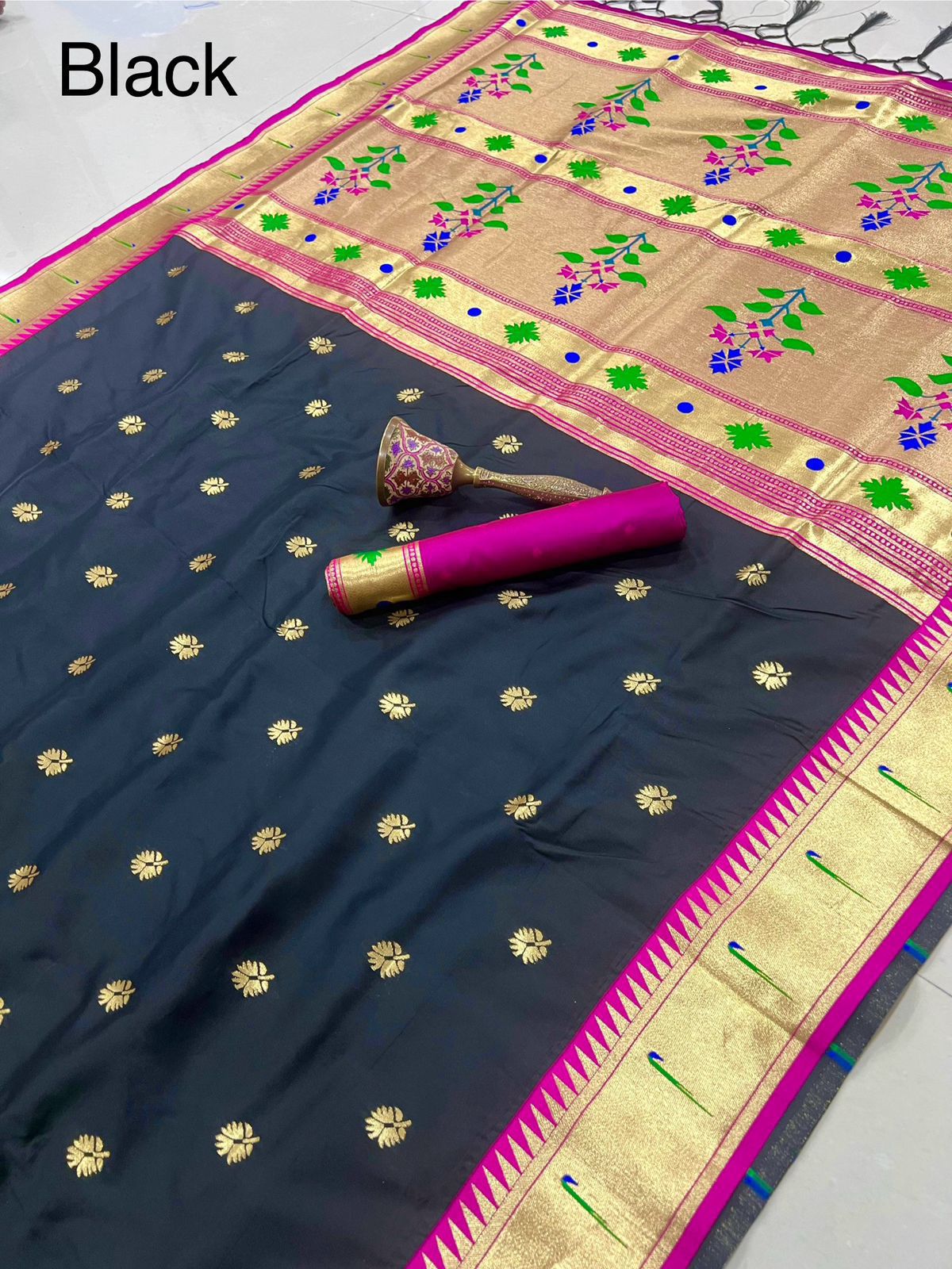 banaras silk saree with paithani border in black and pink colour banaras silk saree with paithani border in black and pink colour