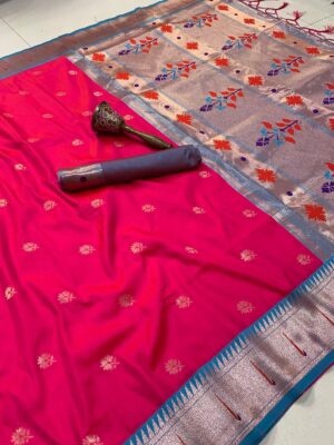 banaras silk saree with paithani border in pink and blue colour