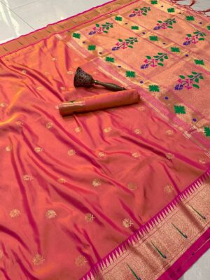 banaras silk saree with paithani border in orange and pink colour