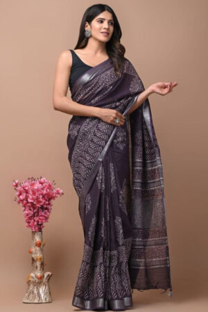 cotton linen saree – dark chocolate